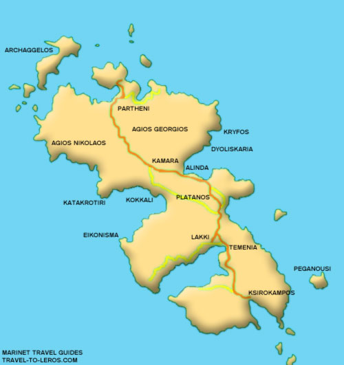 Leros map - Travel to Leros -  The dodecanesian island of Leros, Greece complete guide with information on LEROS, ALINDA, PANTELI, PLATANOS, AGIA MARINA, LAKKI, KSIROKAMPOS, VOURLIDIA, KRITHONI, PARTHENI, GOURNA, BLEFOUTIS, AGIO ISIDOROS, MALEAS, VROMOLITHOS, 